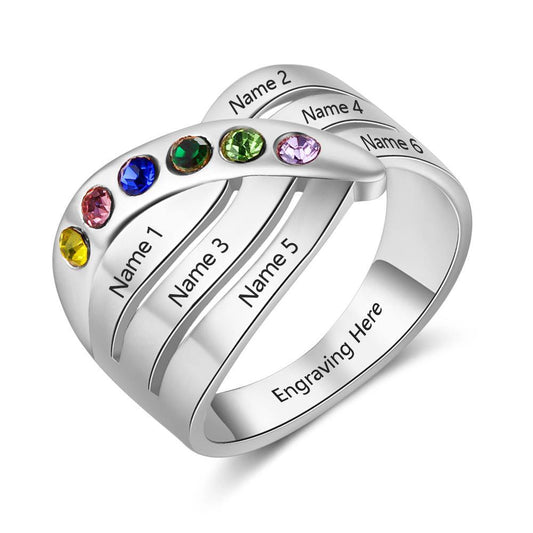 Sterling Silver 6 Round Criss Cross Birthstones Ring